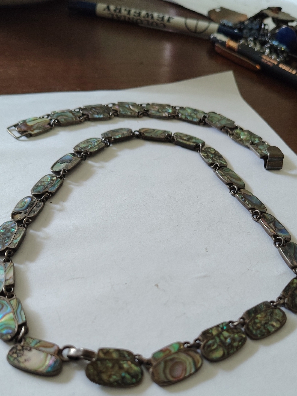 Iridescent Abalone Link Necklace - Green Shell Accent, Marked Silver Backing
